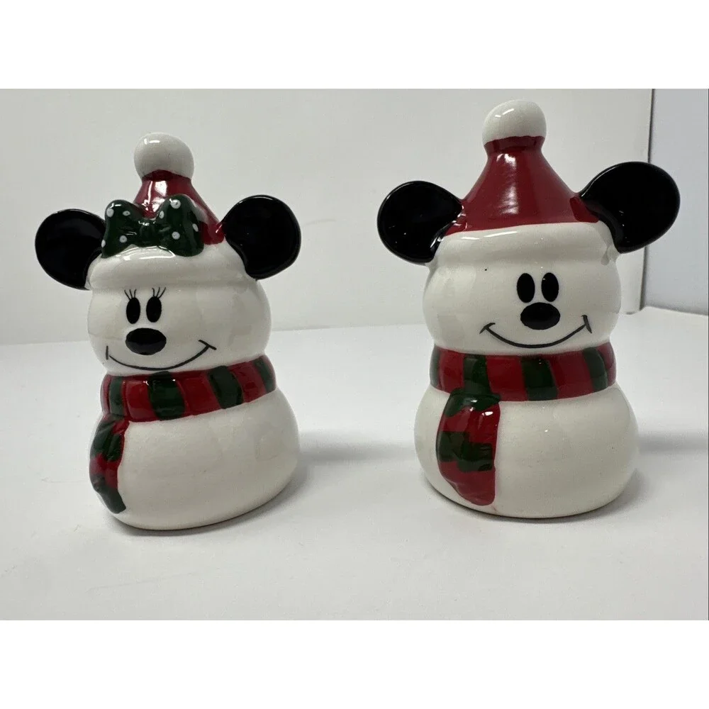 Disney Mickey Minnie Mouse Christmas Snowman Snowmen Ceramic Salt Pepper Shakers
